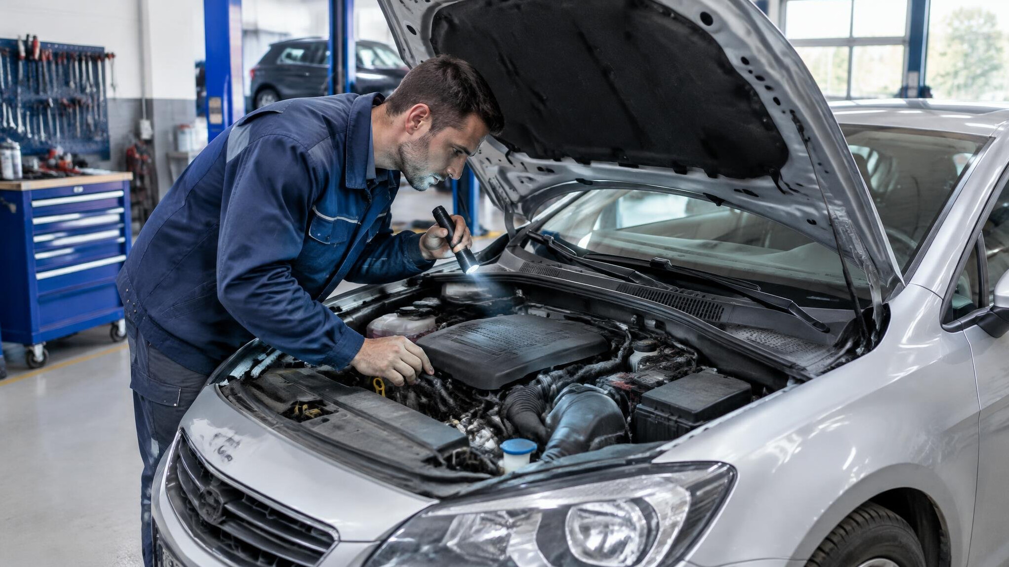 Mechanic inspecting the engine of a used car in a garage